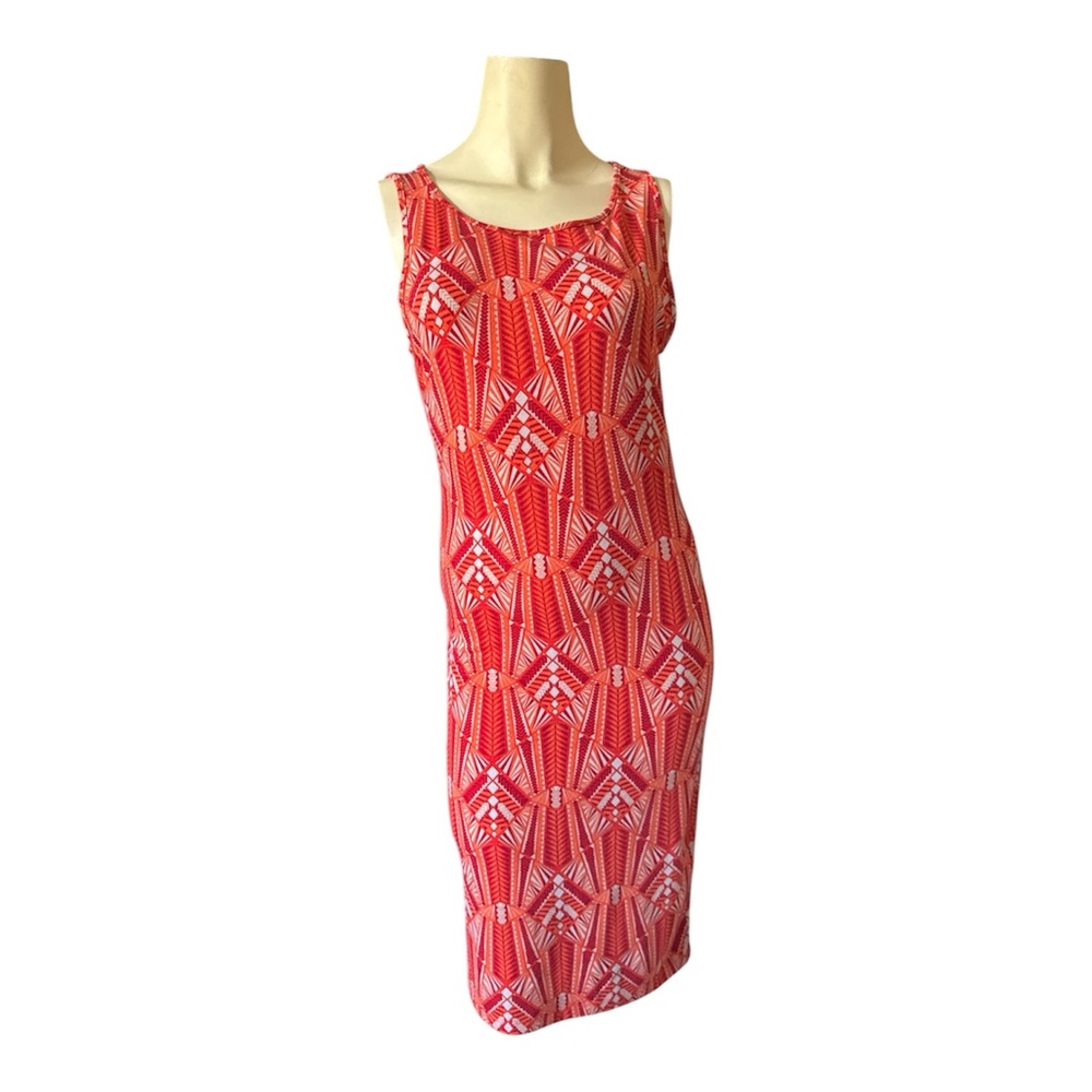 Forever 21 orange geometric print bodycon midi sleeveless women dress size M